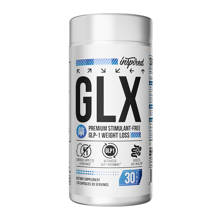 GLX dietary supplement container on a clear background