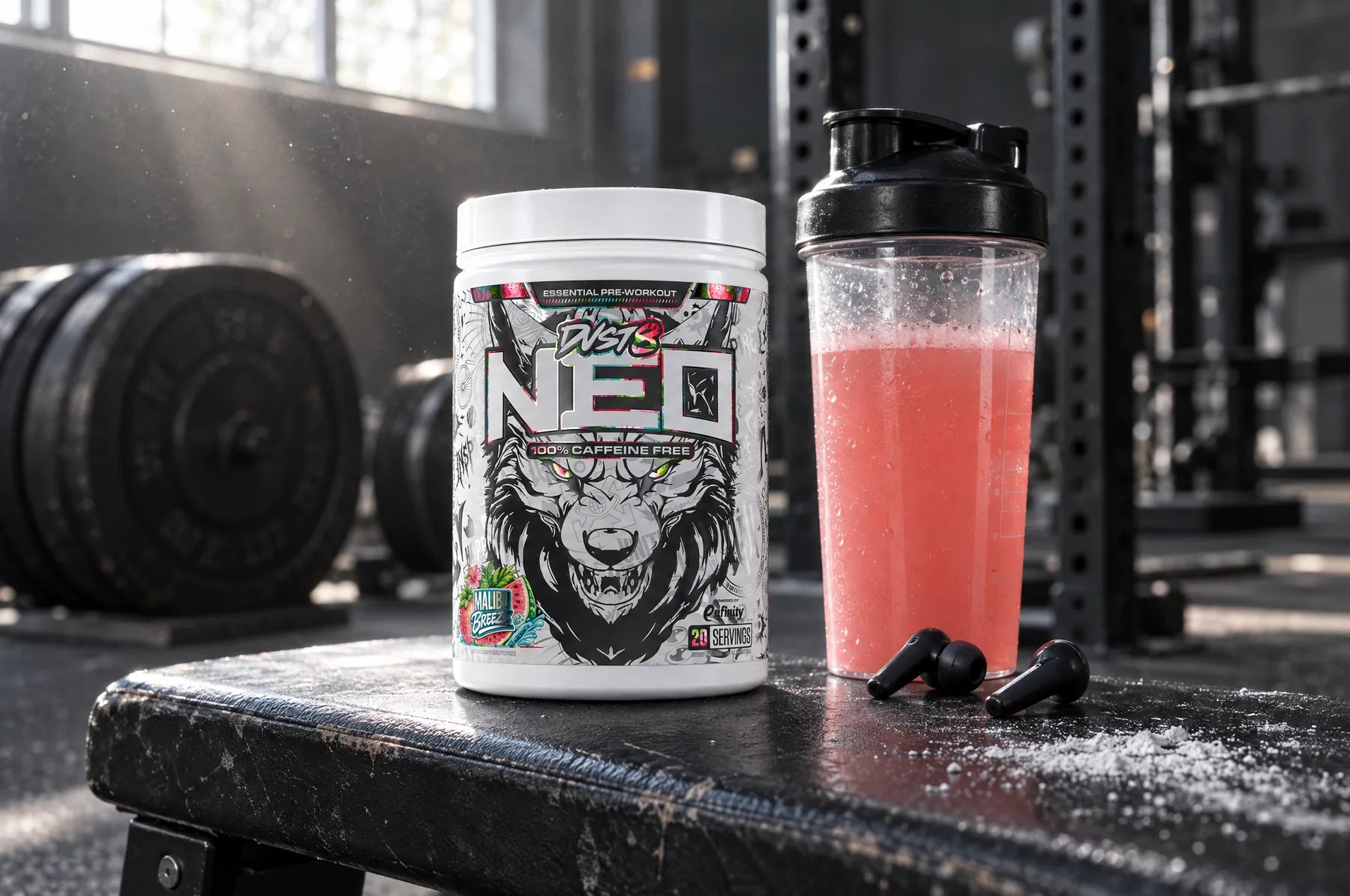 DVST8 NEO Malibu Breeze tub on a gym bench beside a shaker and earbuds