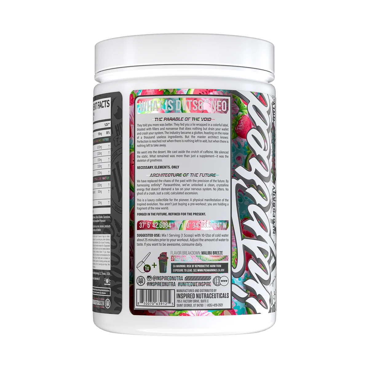 DVST8 NEO tub, side panel with suggested use and flavor breakdown