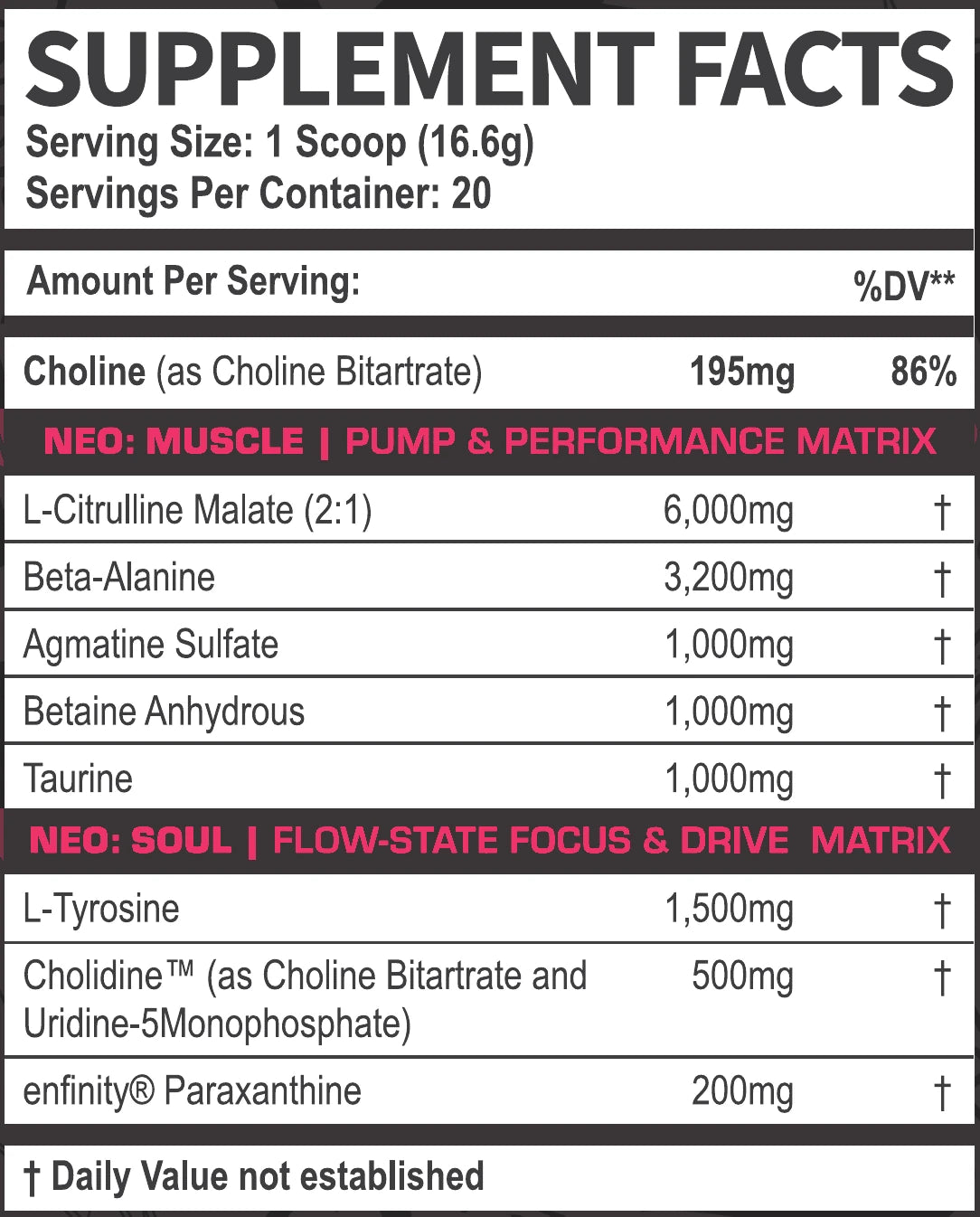 DVST8 NEO Supplement Facts panel: NEO MUSCLE and NEO SOUL matrices with every dose listed